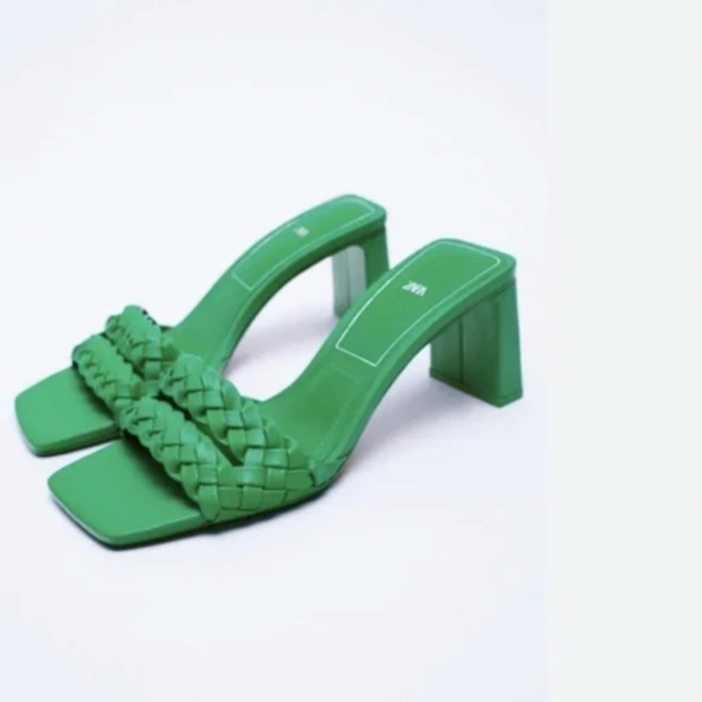 Zara Green Leather Woven Braided Block High Heel Sandal Mules